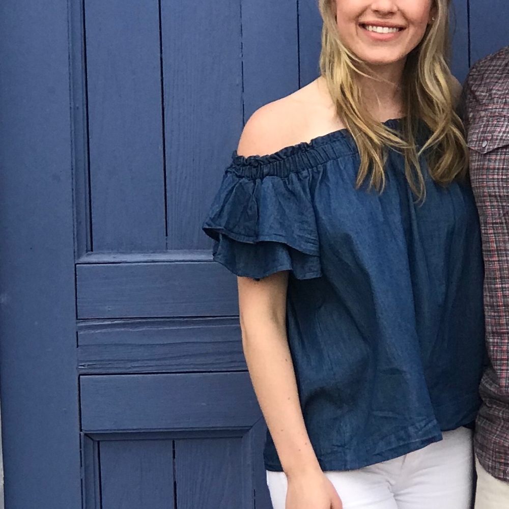 Blue ruffle off the shoulder top